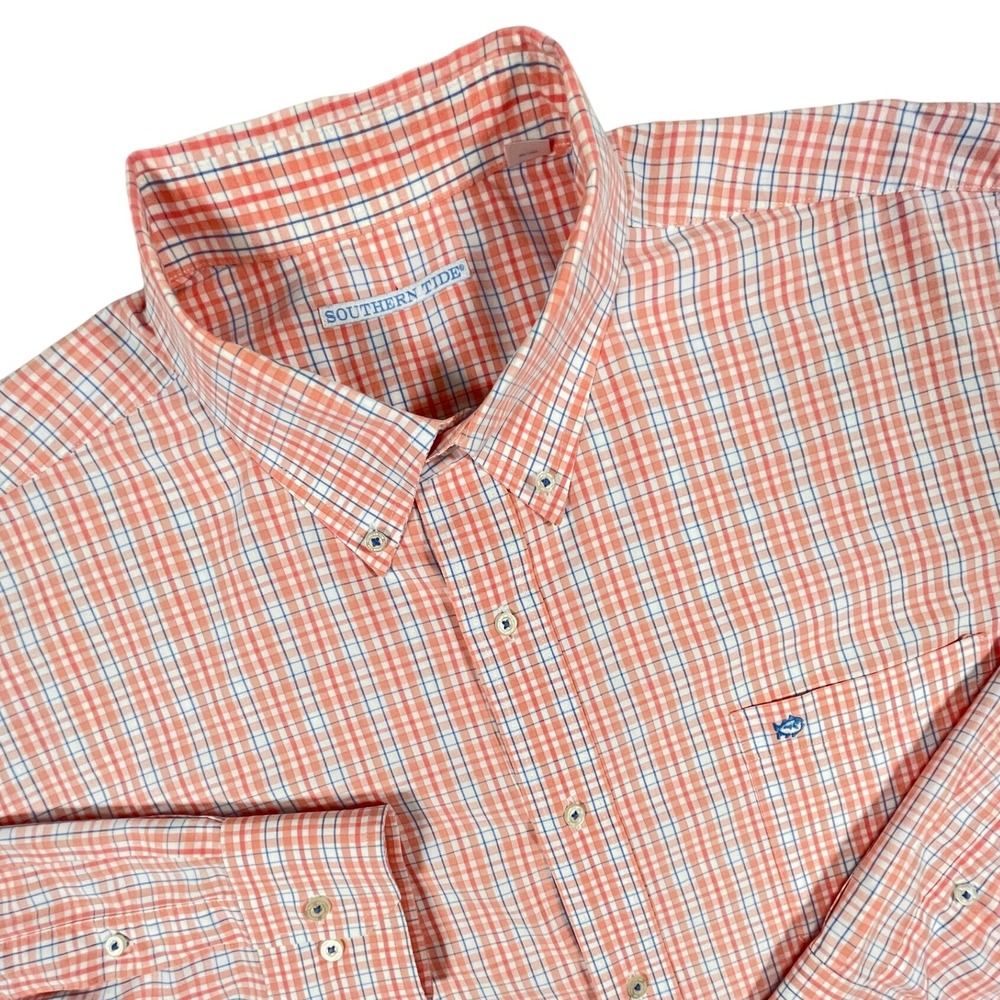 Southern Tide Shirt Mens XXL Orange Plaid Button Down Long Sleeve Skipjack Logo